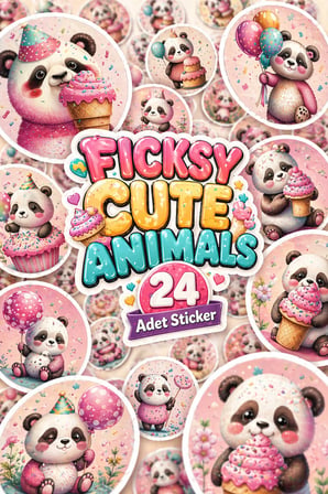 Sevimli Pembe Panda Doğum Günü Temalı Sticker Seti - 24 Adet Yuvarlak Etiket Çıkartma