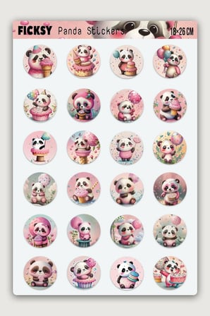 Sevimli Pembe Panda Doğum Günü Temalı Sticker Seti - 24 Adet Yuvarlak Etiket Çıkartma