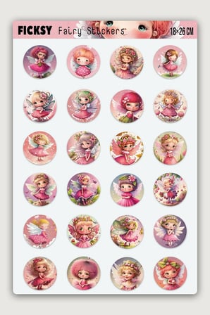 Sevimli Pembe Peri Sticker Seti - 24 Adet Yuvarlak Etiket Çıkartma
