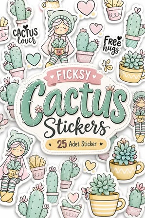 Sevimli Kaktüs Kız Sticker Seti - 25 Adet Etiket Çıkartma
