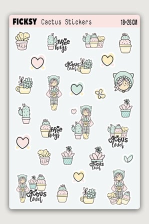 Sevimli Kaktüs Kız Sticker Seti - 25 Adet Etiket Çıkartma