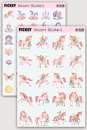 Sevimli Pastel Unicorn Sticker Seti - Prenses Sticker - Tek Boynuzlu At - 55 Adet Etiket Çıkartma
