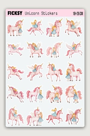 Sevimli Pastel Unicorn Sticker Seti - Prenses Sticker - Tek Boynuzlu At - 55 Adet Etiket Çıkartma