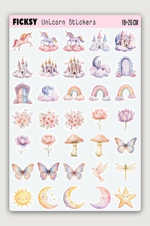 Sevimli Pastel Unicorn Sticker Seti - Prenses Sticker - Tek Boynuzlu At - 55 Adet Etiket Çıkartma