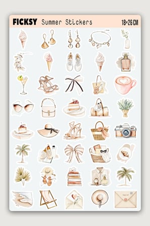 Boho Yaz Modası Sticker Seti – Sahil Temalı - 60 Adet Etiket Çıkartma