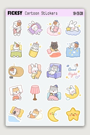 Kawaii Uyku Temalı Sticker Seti - 20 Adet Etiket Çıkartma