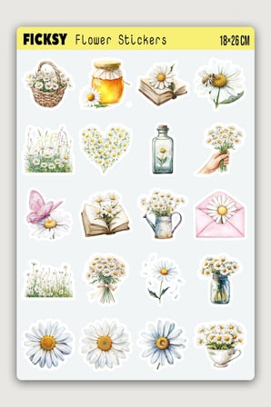 Papatya Sticker Seti - 20 Adet Çiçek Etiket Çıkartma