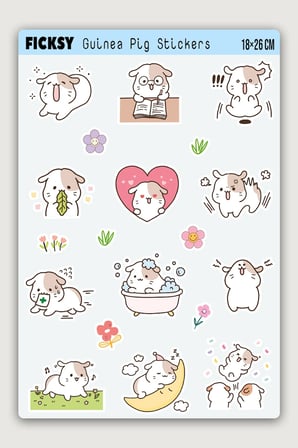 Kawaii Stili Sevimli Guinea Pig Sticker Seti - 34 Adet Gine Pig Etiket Çıkartma
