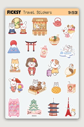 Kawaii Sevimli Hayvanlar Japonya Kore Seyahat Temalı Sticker Seti - 46 Adet Travel Etiket Çıkartma