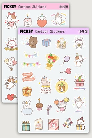 Kawaii Stili Sevimli Hayvanlar Doğum Günü Temalı Sticker Seti - 44 Adet Etiket Çıkartma