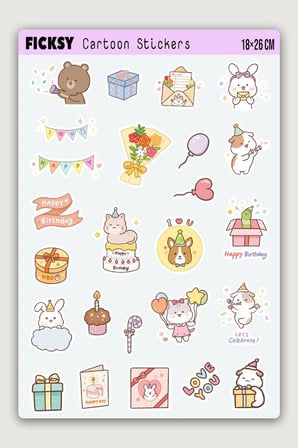 Kawaii Stili Sevimli Hayvanlar Doğum Günü Temalı Sticker Seti - 44 Adet Etiket Çıkartma