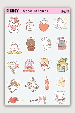 Kawaii Stili Sevimli Hayvanlar Doğum Günü Temalı Sticker Seti - 44 Adet Etiket Çıkartma
