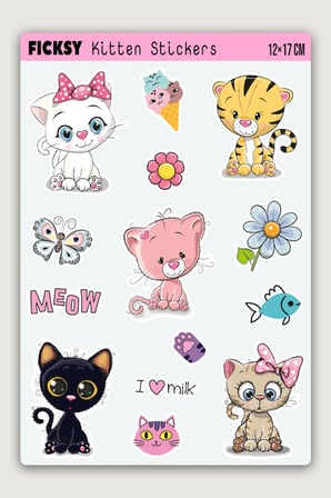 Sevimli Yavru Kedi Sticker Seti - 14 Adet Etiket Çıkartma