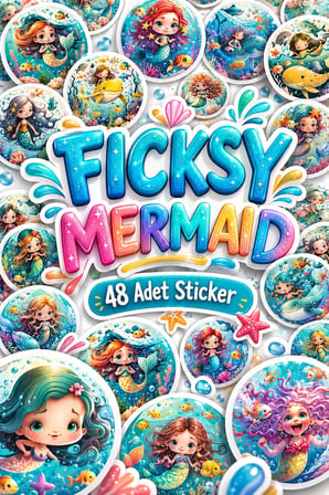 Sevimli Deniz Kızı Sticker Seti - 48 Adet Yuvarlak Deniz Canlıları Balık Etiket Çıkartma