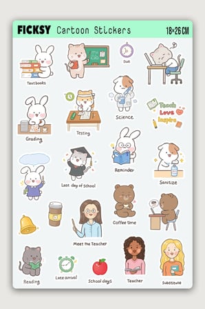 Kawaii Stili Sevimli Hayvanlar Eğitim Öğretmen Temalı Sticker Seti - 40 Adet Etiket Çıkartma