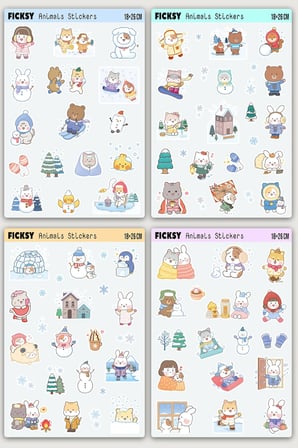 Kawaii Stili Sevimli Hayvanlar Kış Temalı Sticker Seti - 65 Adet Etiket Çıkartma