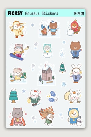 Kawaii Stili Sevimli Hayvanlar Kış Temalı Sticker Seti - 65 Adet Etiket Çıkartma