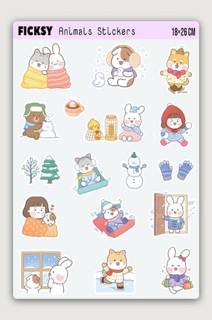 Kawaii Stili Sevimli Hayvanlar Kış Temalı Sticker Seti - 65 Adet Etiket Çıkartma