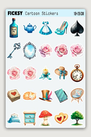 Alice Harikalar Diyarında Sticker Seti - 70 Adet Etiket Çıkartma