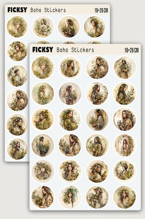 Boho Kadın Portre Sticker Seti - 60 Adet Etiket Çıkartma