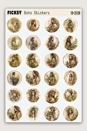Boho Kadın Portre Sticker Seti - 60 Adet Etiket Çıkartma