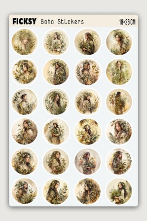 Boho Kadın Portre Sticker Seti - 60 Adet Etiket Çıkartma
