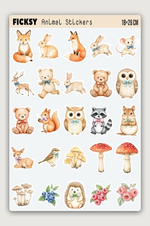 Sevimli Orman Hayvanları Sticker Seti - 50 Adet Etiket Çıkartma
