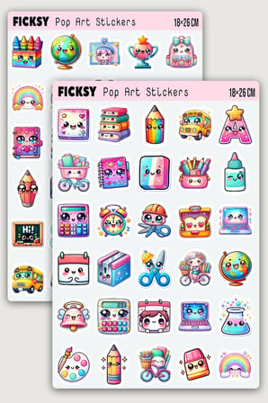 Kawaii Okul Temalı Sticker Seti - 60 Adet Etiket Çıkartma
