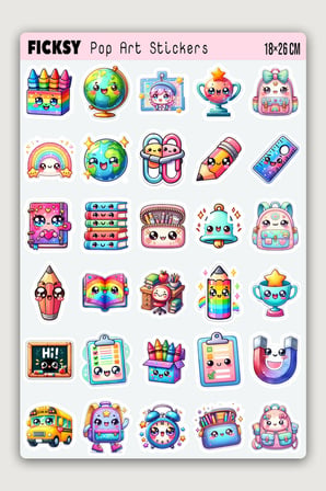 Kawaii Okul Temalı Sticker Seti - 60 Adet Etiket Çıkartma