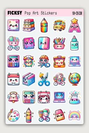 Kawaii Okul Temalı Sticker Seti - 60 Adet Etiket Çıkartma