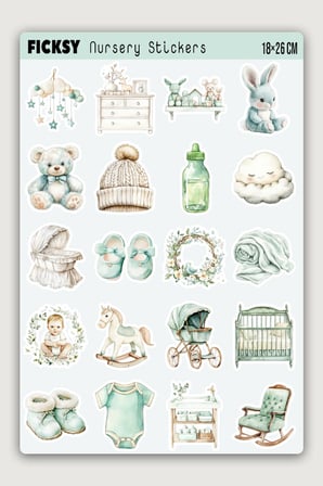 Mint Yeşili Pastel Bebek Odası Sticker Seti - 20 Adet Etiket Çıkartma