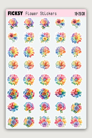 Gökkuşağı Renkli Çiçek Sticker Seti - 40 Adet Etiket Çıkartma