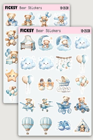 Sevimli Ayıcık Bebek Odası Temalı Sticker Seti - 40 Adet Etiket Çıkartma