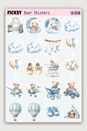 Sevimli Ayıcık Bebek Odası Temalı Sticker Seti - 40 Adet Etiket Çıkartma