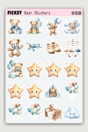Sevimli Ayıcık Bebek Odası Temalı Sticker Seti - 40 Adet Etiket Çıkartma