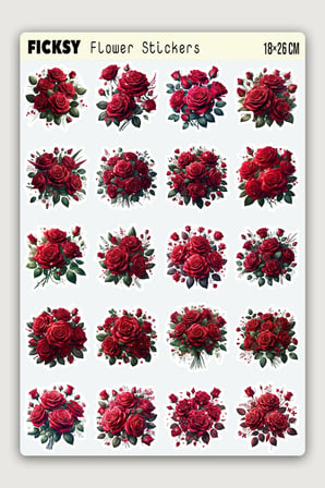 Kırmızı Gül Çiçek Sticker Seti - 20 Adet Etiket Çıkartma