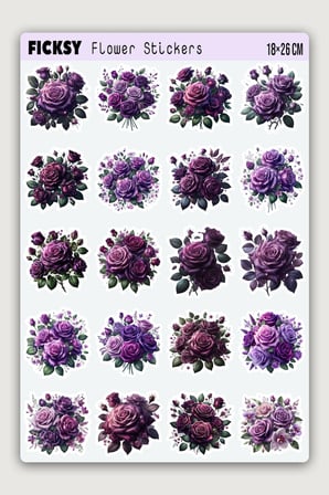 Mor Gül Çiçek Sticker Seti - 20 Adet Etiket Çıkartma