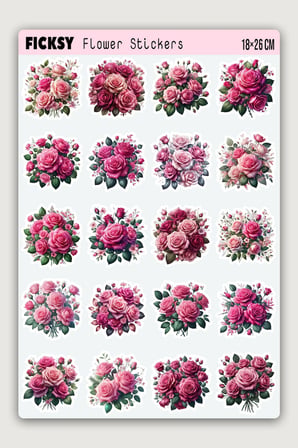 Pembe Gül Çiçek Sticker Seti - 20 Adet Etiket Çıkartma