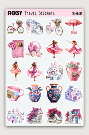 Santorini Ege Adası Sticker Seti - 40 Adet Yaz Tatil Seyahat Travel Gezgin Etiket Çıkartma