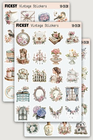 İlkbahar Çiçekleri Temalı Vintage Sticker Seti - 60 Adet Etiket Çıkartma