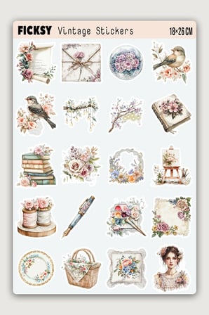 İlkbahar Çiçekleri Temalı Vintage Sticker Seti - 60 Adet Etiket Çıkartma
