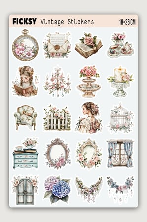 İlkbahar Çiçekleri Temalı Vintage Sticker Seti - 60 Adet Etiket Çıkartma