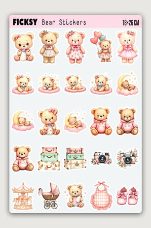 Sevimli Ayıcık Bebek Odası Temalı Sticker Seti - 40 Adet Etiket Çıkartma