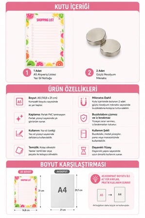 Alışveriş Listesi - A5 - Mıknatıslı - PVC - Buzdolabı Notluk & Masaüstü - Yaz Sil - Planlayıcı