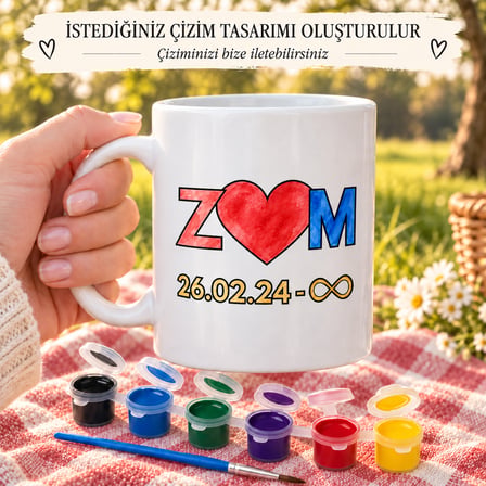 Almera Craft Sevgiliye Özel Boyanabilir Porselen Kupa – Baş Harf ve Tarih Çizimli, 6 Renk Boya Setli