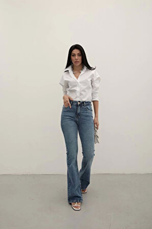 Dark Blue Premium Yüksek Bel Bronz Düğmeli İspanyol Paça Jeans