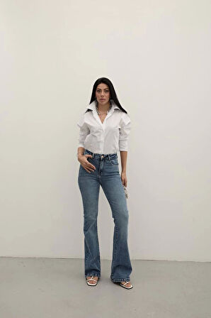 Dark Blue Premium Yüksek Bel Bronz Düğmeli İspanyol Paça Jeans