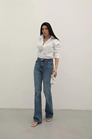 Dark Blue Premium Yüksek Bel Bronz Düğmeli İspanyol Paça Jeans