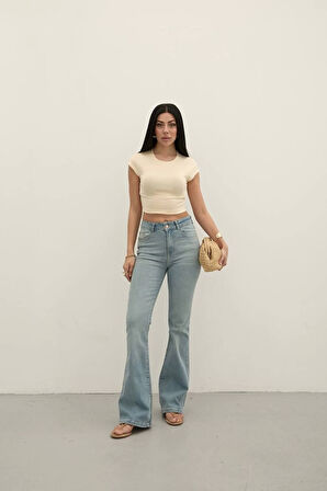 Light Blue Premium Yüksek Bel Bronz Düğmeli İspanyol Paça Jeans