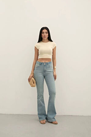 Light Blue Premium Yüksek Bel Bronz Düğmeli İspanyol Paça Jeans